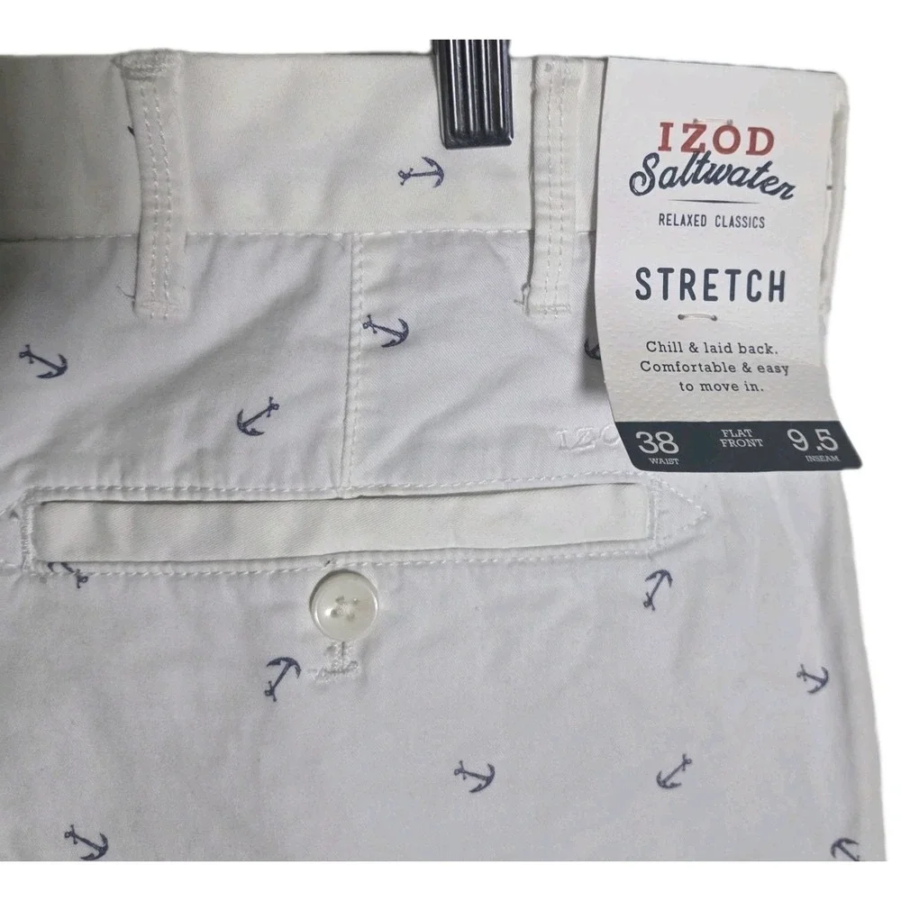 NWT IZOD Saltwater Stretch Shorts Men's 38 White Anchor Print Flat Front 9.5